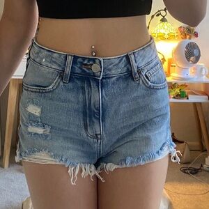 High-Rise Distressed Denim Shorts - Light Blue